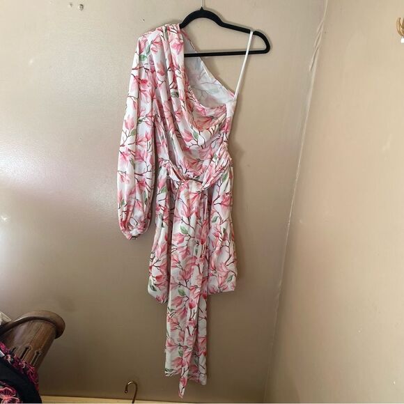 Bronx and Banco Layla mini dress pink floral print sash drape white Revolve L - Picture 10 of 13